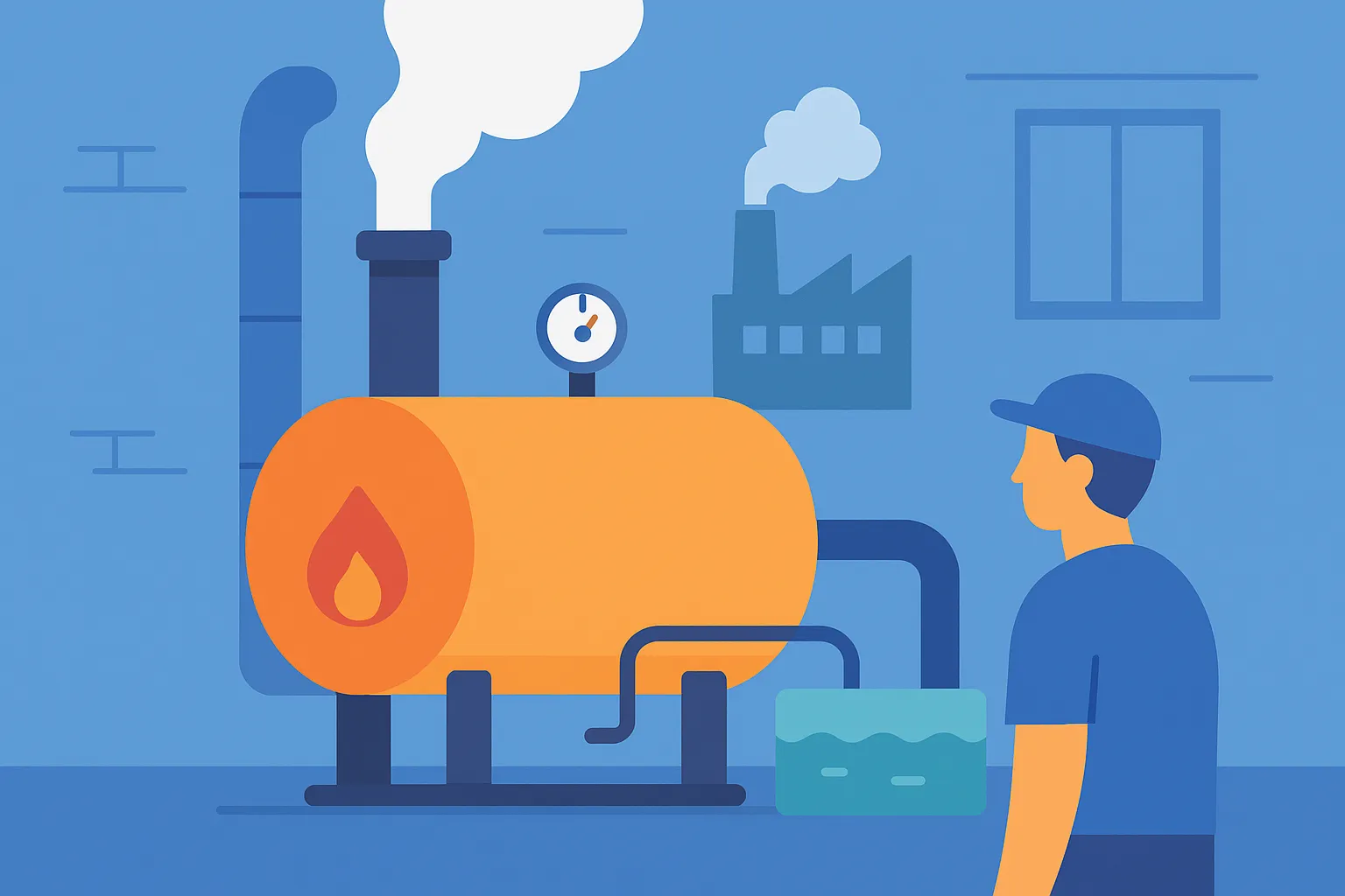 Simplified diagram of an industrial steam boiler room and its operating cycle