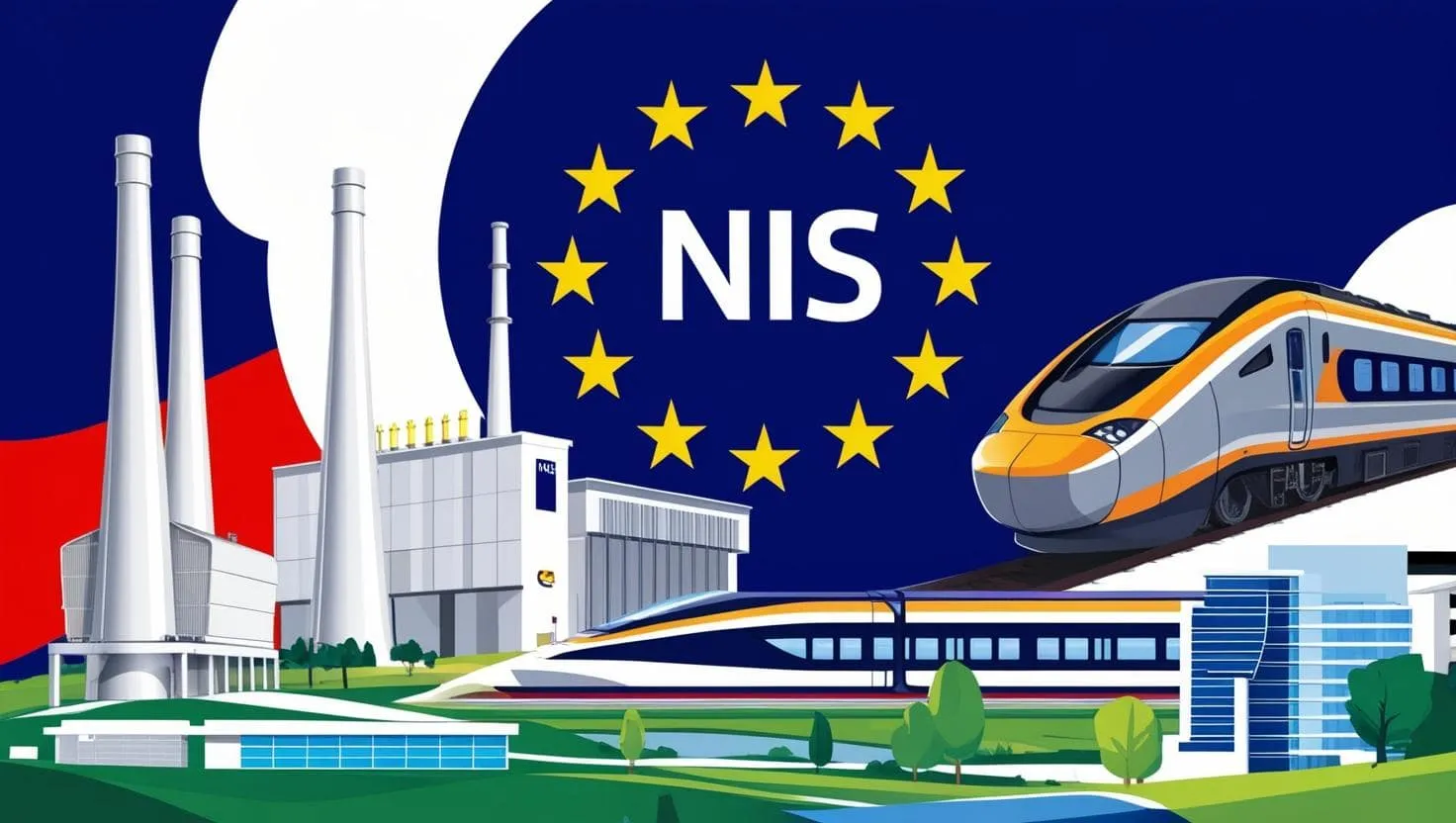 Directive NIS 1 représentée par le drapeau de l'UE et des images symbolisant les secteurs de l'énergie, la santé, les transports et les services financiers